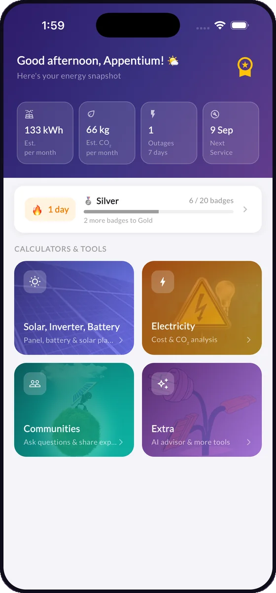 Energy snapshot home screen with monthly kWh, CO2, outages and next service date.