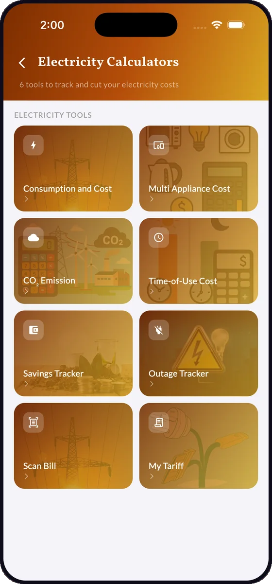 Electricity calculators including bill scanning, tariffs and outage tracking.