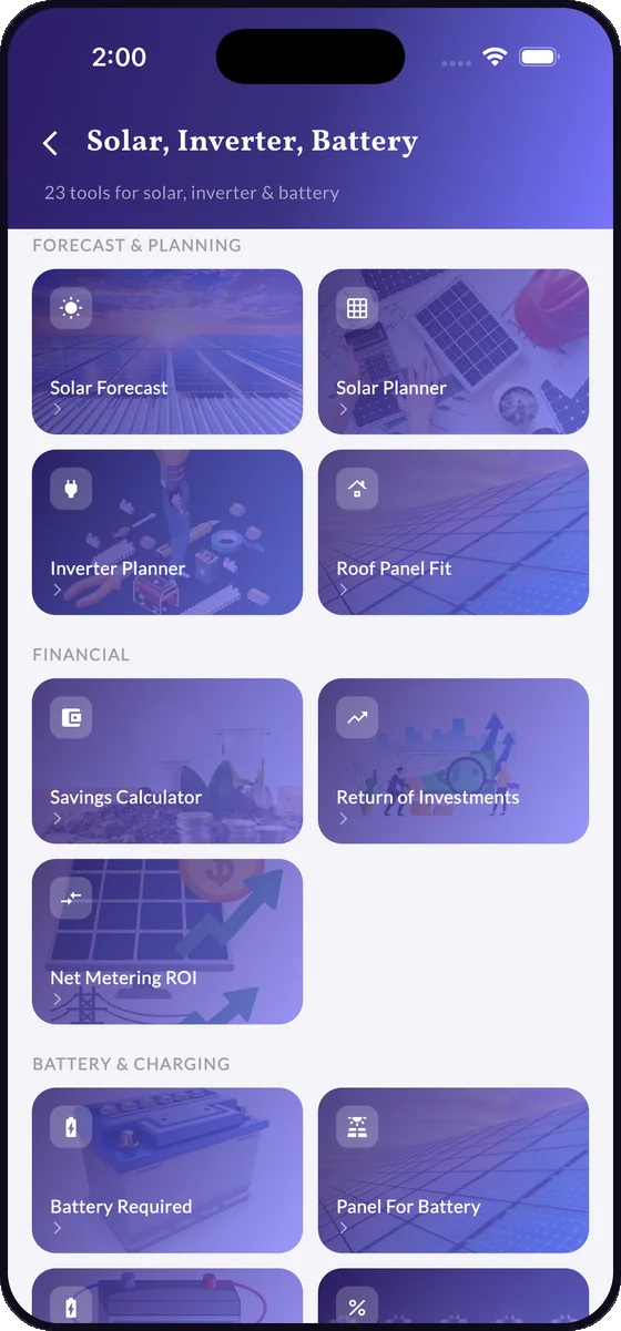 Solar, inverter and battery calculator list grouped into forecast, financial and battery sections.