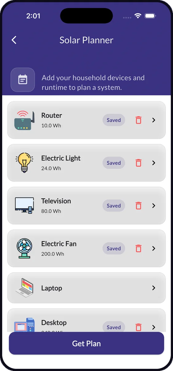 Appliance list in the solar planner with saved devices and wattages.