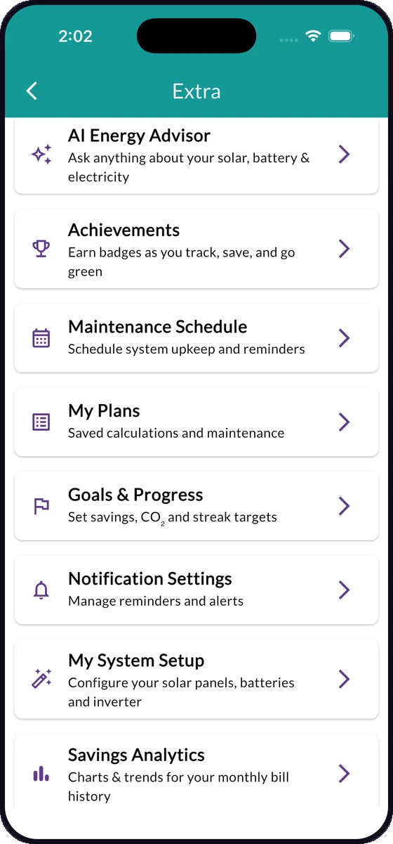 Extra tools menu: AI advisor, achievements, maintenance schedule, plans, goals and analytics.