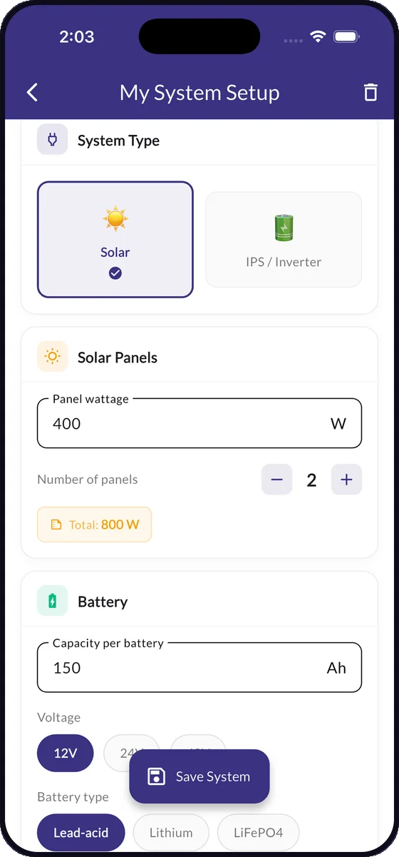 My system setup screen for panels, battery capacity, voltage and chemistry.