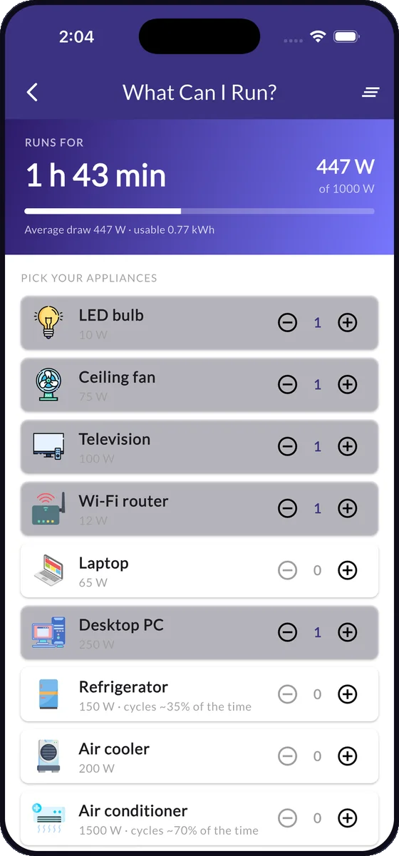 What Can I Run screen showing 1 hour 43 minutes of runtime for a 447 watt load.